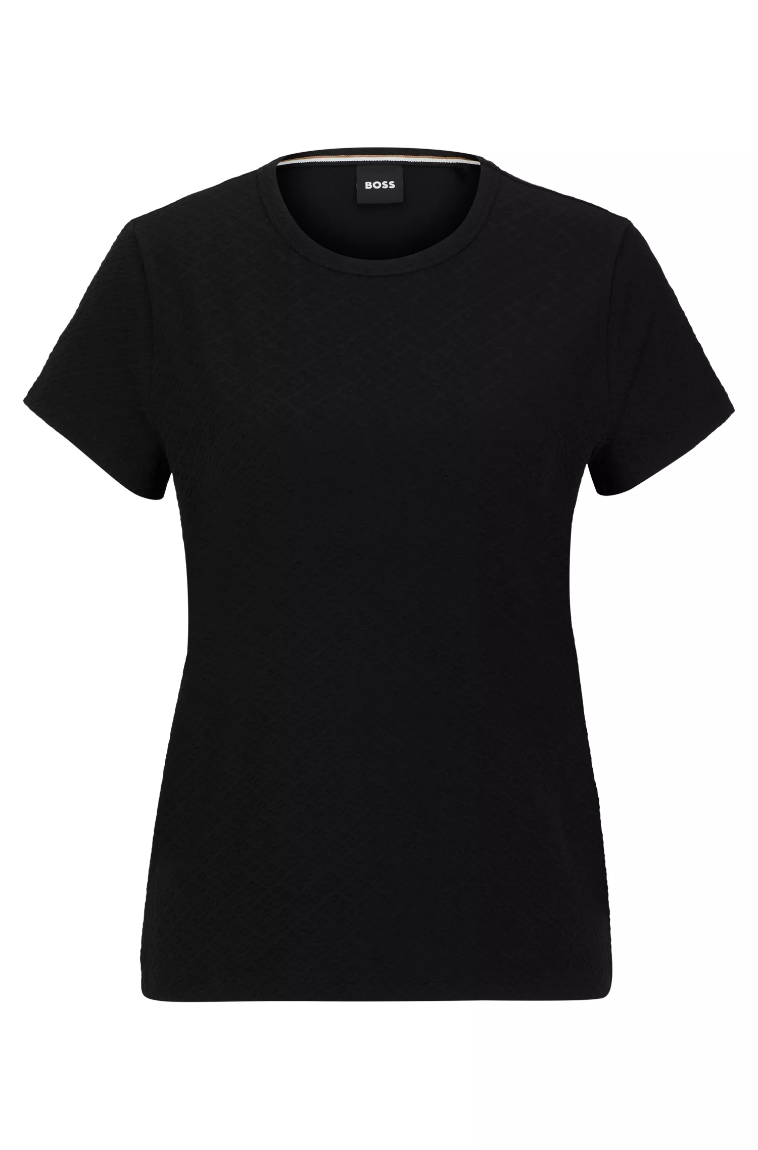 Camiseta BOSS preta em mistura de algodão com monogramas tricotados em estrutura 3D.