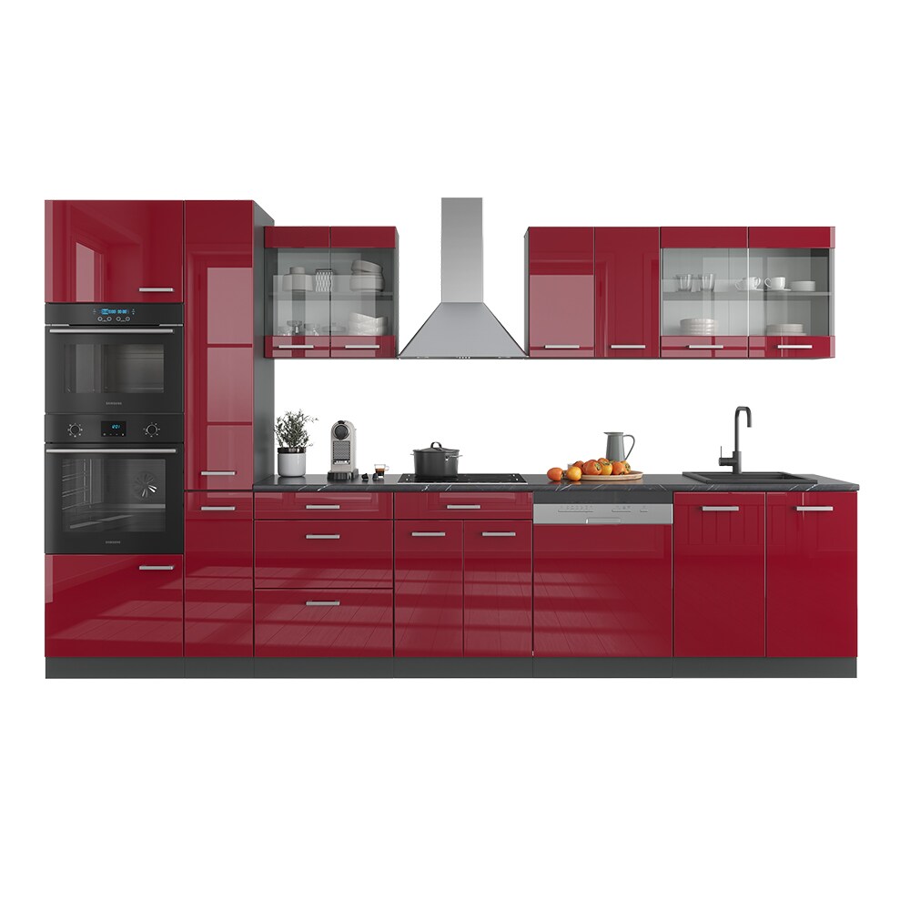 Vicco Küchenzeile Küchenblock Einbauküche R-Line 350 cm Anthrazit Bordeaux Hochglanz Küche
