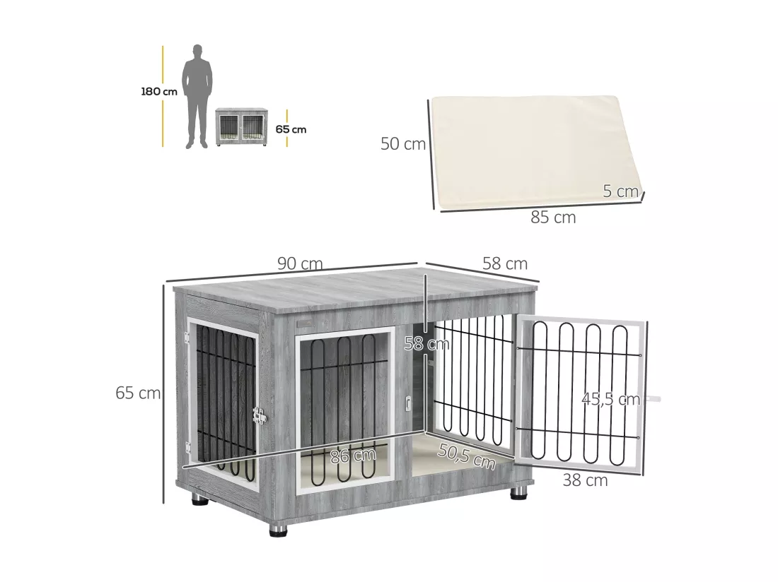 Cage pour chien sur pied - 2 portes verrouillables, coussin déhoussable inclus - acier filaire noir panneaux aspect bois gris