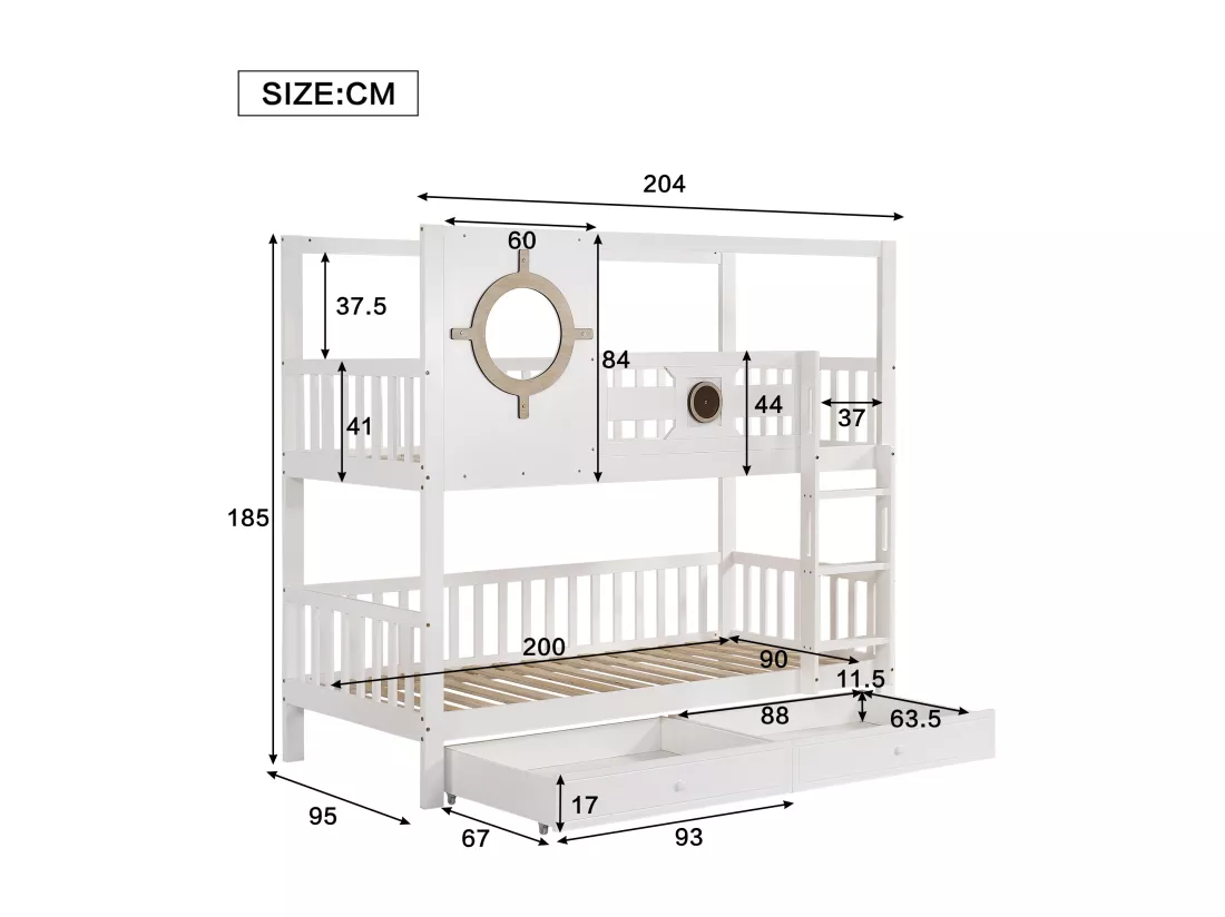 Lits superposés 2 x 90 x 200 cm avec 2 tiroirs, fenêtre & garde-corps - pin + MDF - blanc (sans matelas)