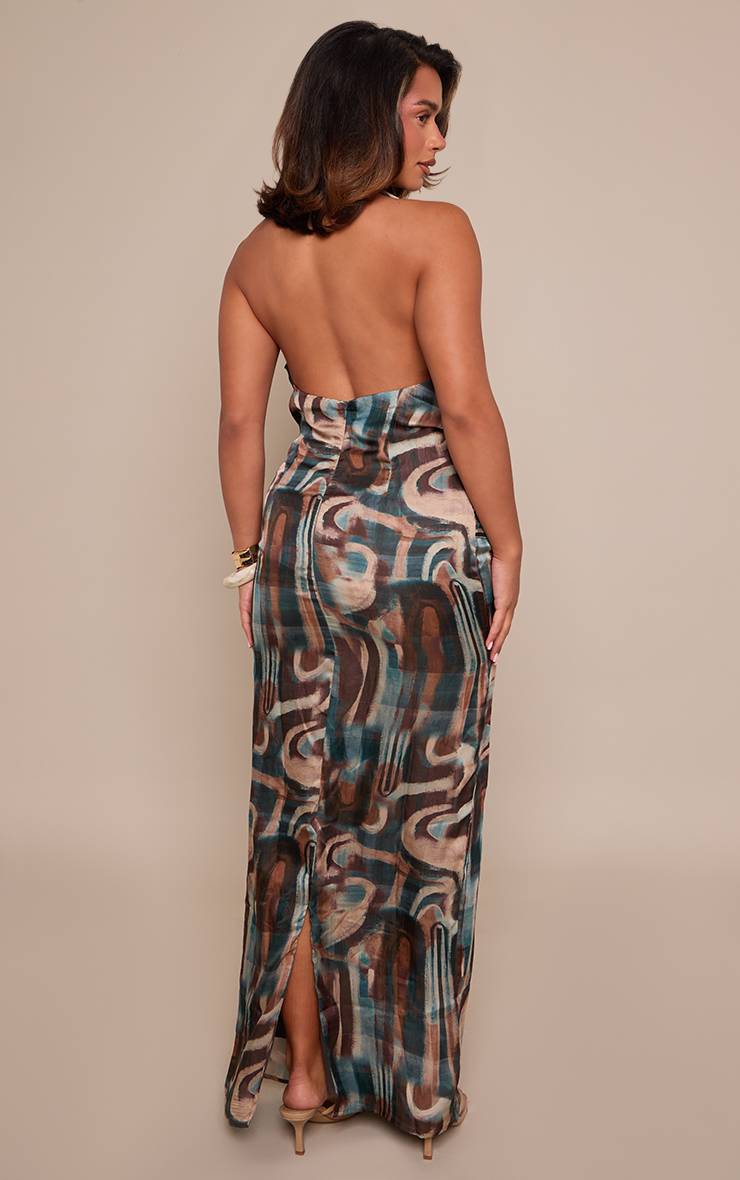 Multicolore Robe Longue Bleu À Motifs Abstraits Col Bénitier Avec Nœud Devant