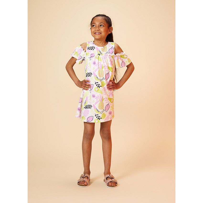 Robe en jersey cloqué imprimé fantaisie pour fille - Blanc