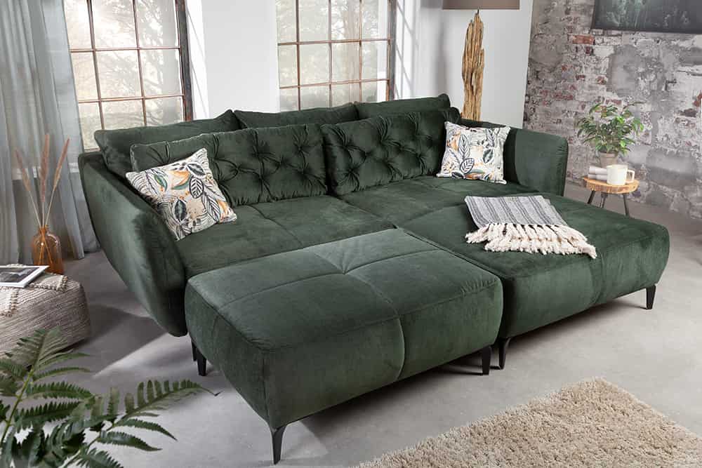 Design Hocker MARRAKESCH 110cm flaschengrün Samt mit Ziersteppung