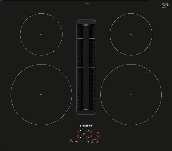 Siemens iQ300 EH611BE15E - Induktions kogeplade - 4 plader - Niche - bredde: 56 cm - dybde: 49 cm - Klasse B - rammeløs - sort med downdraft-udstødning (ekstraktion og recirkulation med ekstra ekstraktion og recurkulationssæt)