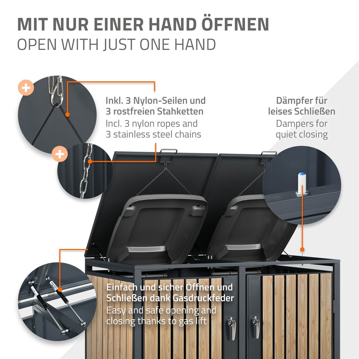 ML-Design 3-bak afvalcontainerbehuizing voor 3 bakken, 240L per stuk, 200x80x116,3cm, antraciet-larikslook, weerbestendig/afsluitbaar staal, bakdeksel met scharnierend deksel/3 deuren, afvalbakbox, afvalcontainer, afvalbakdeksel