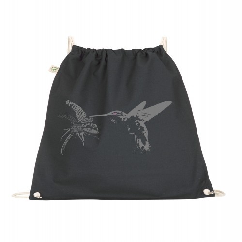 Mochila com estampa de beija-flor, algodão orgânico, preta, unissex.