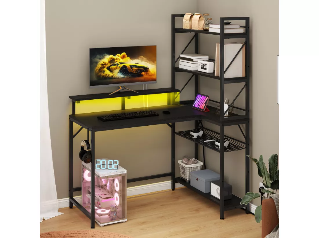 YITAHOME Bureau de Jeu avec Étagère - LED - Bureau avec 2 Prises et 2 Ports de Charge USB - Table avec support d'écran -106cm - Noir