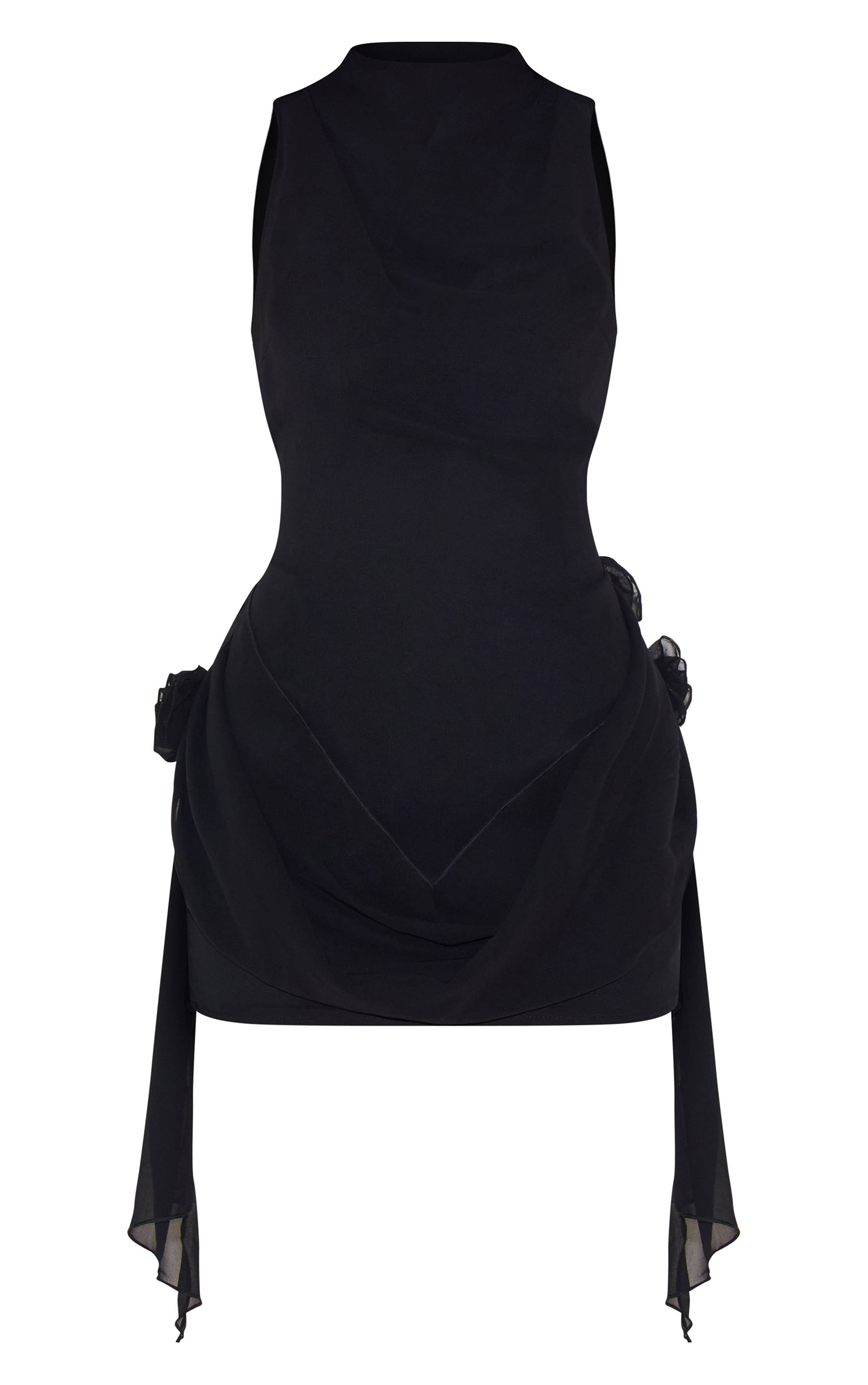 Noir Robe Courte En Mousseline À Encolure Bateau Avec Détails Drapés