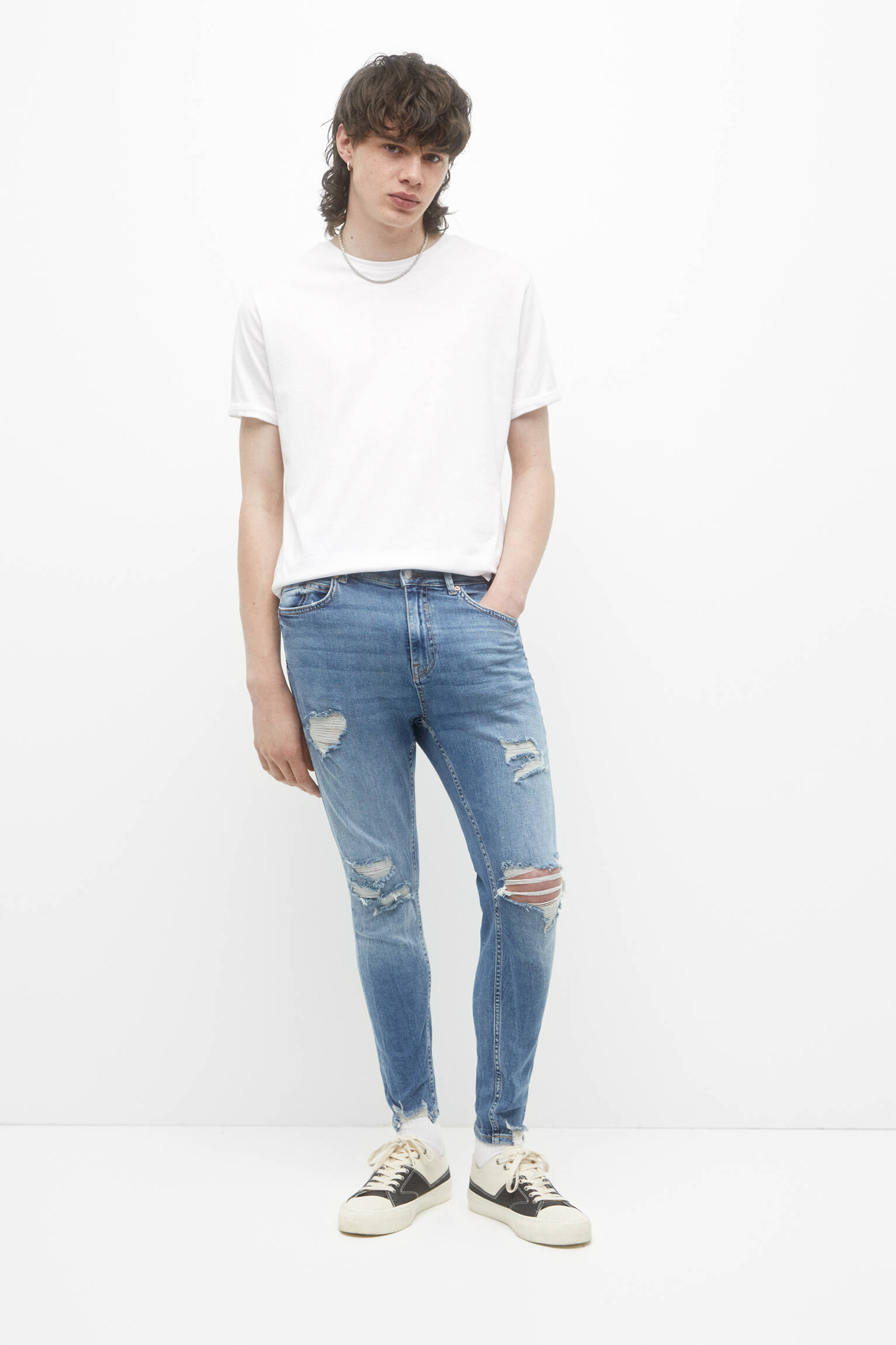 CALÇA JEANS CENOURA RASGADA - AZUL MÉDIO
