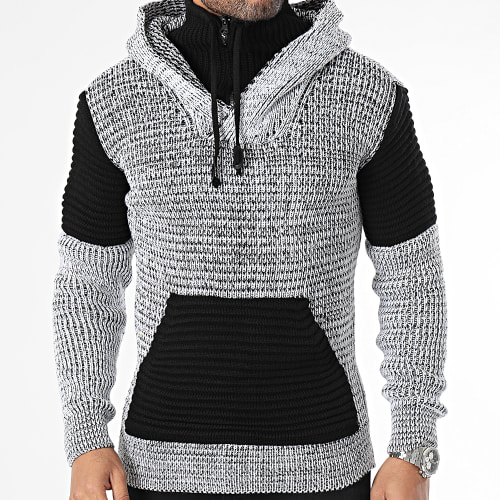 Pull A Capuche Gris Chiné Noir