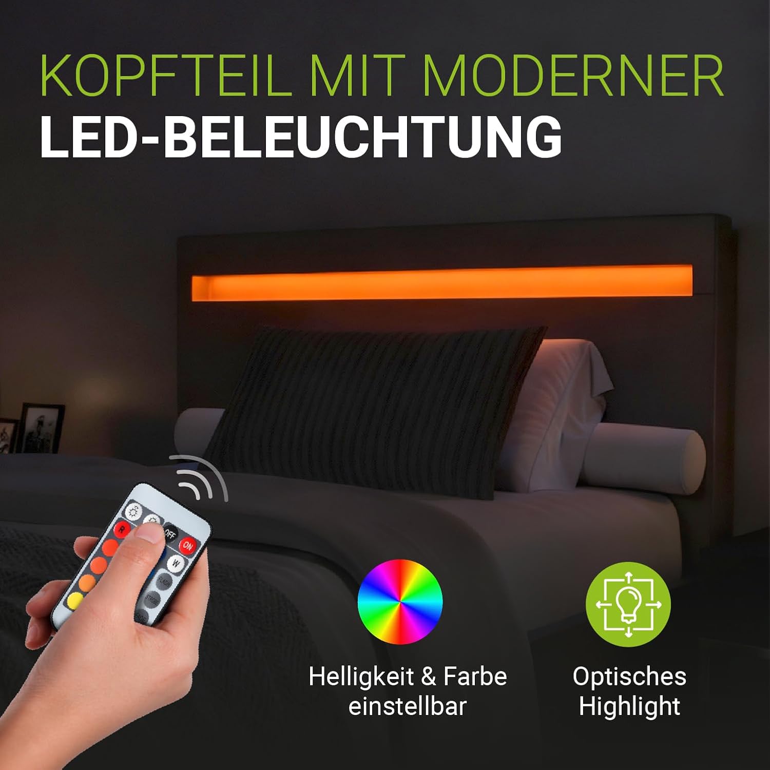 Juskys Polsterbett 120x200 cm – Bett Paris mit LED Beleuchtung, Lattenrost & Kopfteil, modernes Doppelbett aus Kunstleder & Holz – Grau