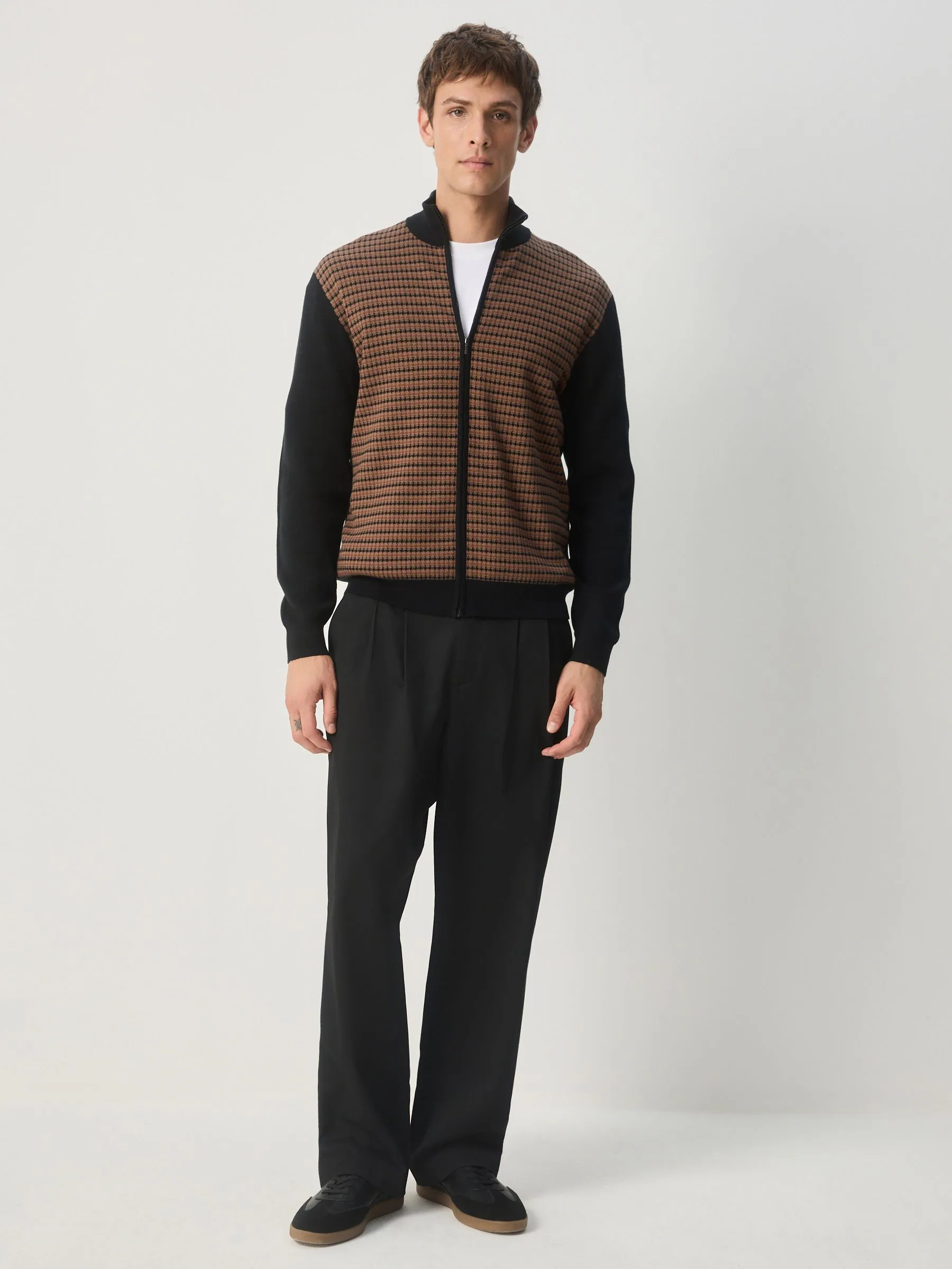 Zwart/bruin - Regular Fit Houndstooth Pattern Collared Zip-Through Cardigan
