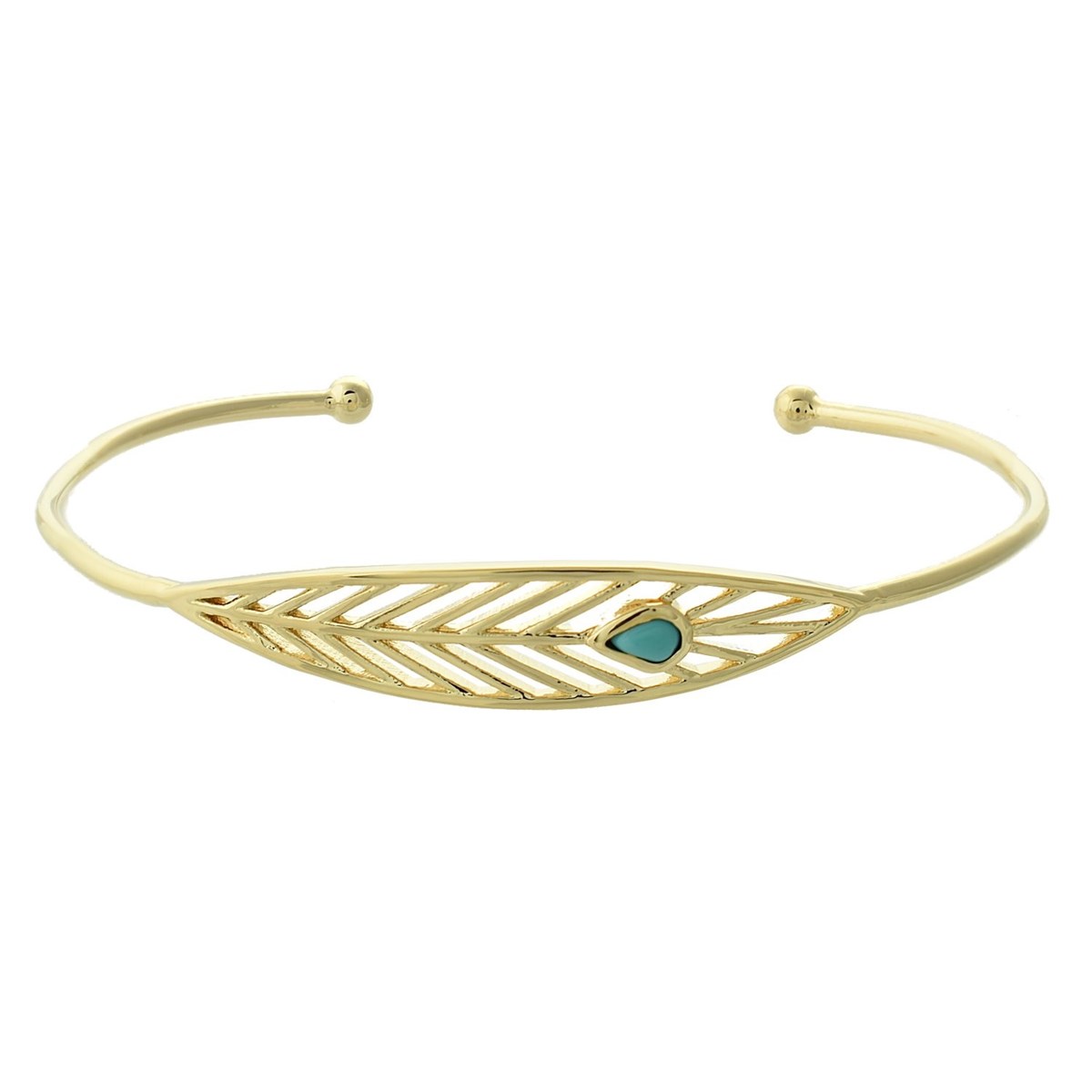 Bracelet jonc plume perle bleu turquoise Plaqué OR 750 3 microns