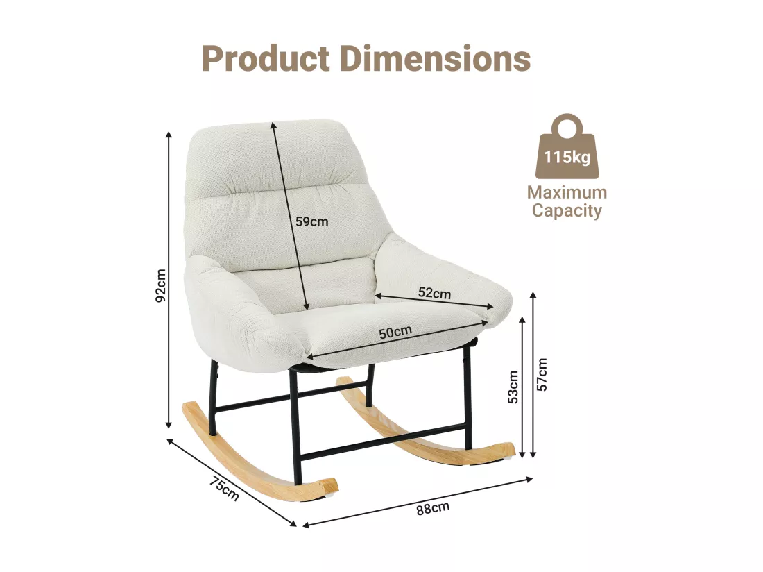 Fauteuil à bascule avec Coussin et pieds en bois massif, en tissu chenille Blanc cassé, Dossier inclinable, Profondeur d'assise 52cm
