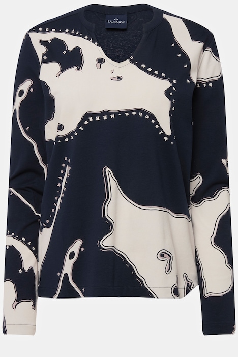 T-Shirt, Insel Print, V-Ausschnitt, Langarm