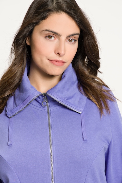 Sweatjacke, drapierter Stehkragen, Kunstleder-Details