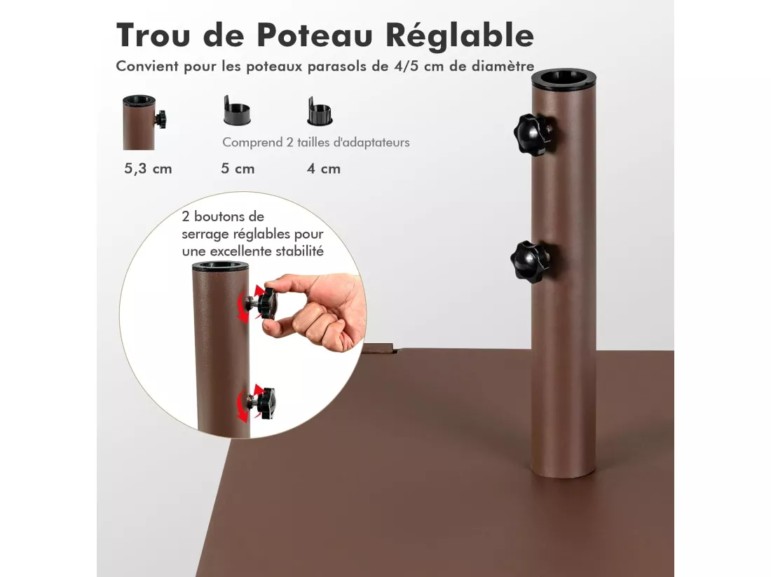 Pied de Parasol Carré de 60 CM, Base de Parasol 22,5 KG, Support de Parasol avec Adaptateurs 4/5cm et 2 Boutons de Serrage, 2 Roues Intégrées, Poignée de Transport, pour Patio, Jardin, Piscine