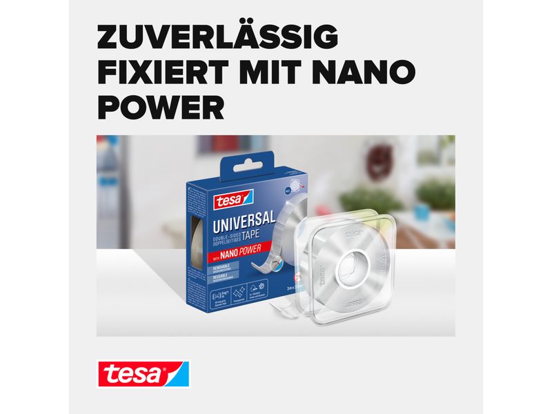 tesa Klebeband Universal Nano Tape 1 Rolle - 3 m x 30 mm Transparentes, doppelseitiges Klebeband – leicht wiederablösbar und wiederverwendbar – wetterfest