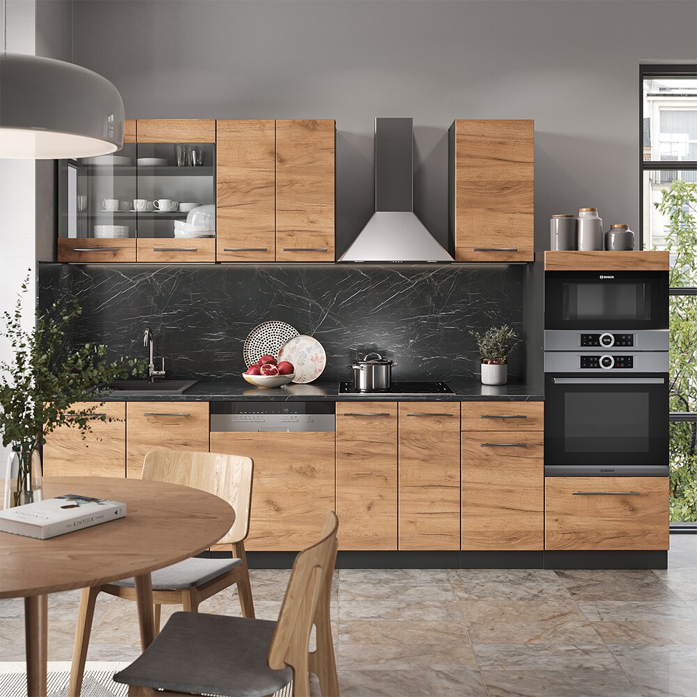 Vicco Küchenzeile Küchenblock Einbauküche Fame-Line Anthrazit Eiche 300 cm modern Küchen Schränke Schubunterschrank Unterschrank Spülenunterschrank Hängeschrank Mikrowellenschrank Geschirrspülerblende