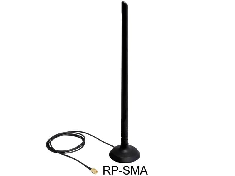 Delock WLAN-Antenne RP-SMA, 30cm RP-SMA 6.5 dBi Rundstrahl Delock 2.4Ghz WLAN Antenne mit RP-SMA Anschluss, 6.5 dBi omnidirektional Gelenk mit magnetischem Standfuss