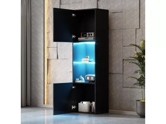 Vitrine LED brillante avec éclairage 1 étagère en verre vitrine sur pied armoire haute noir