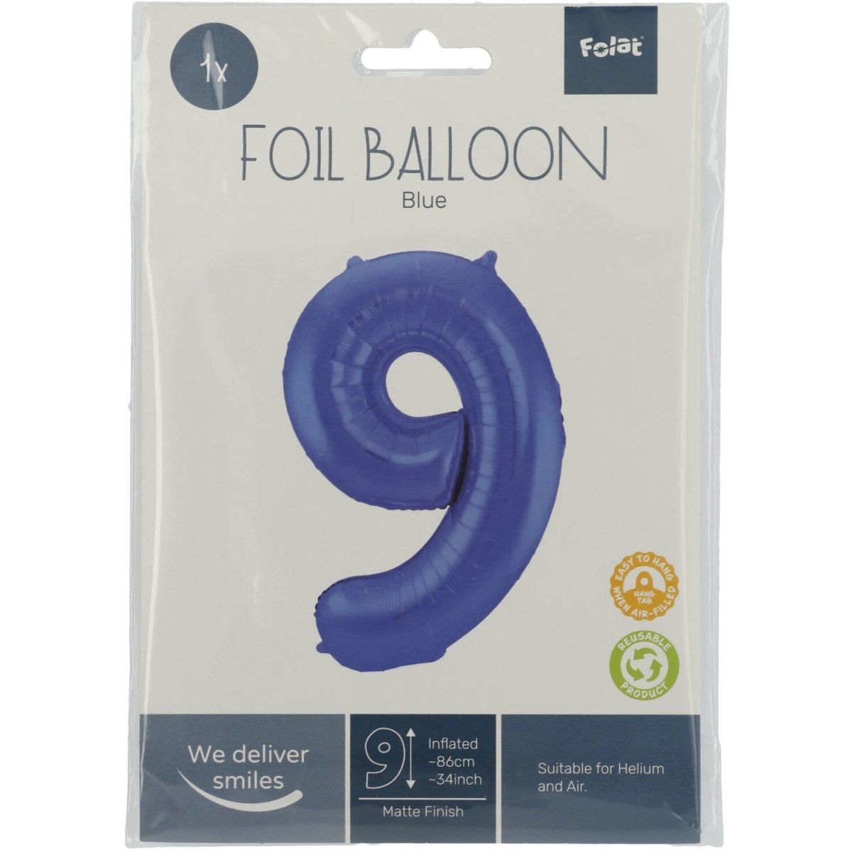 Folie Ballon Cijfer 9 Mat Blauw XL 86cm leeg