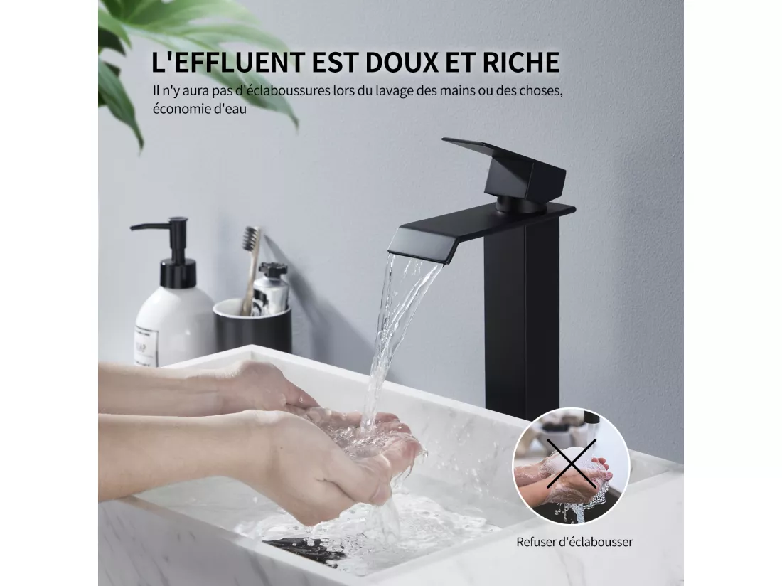 Noir Robinet Salle de Bain Cascade Grand Mitigeur Lavabo en Laiton Robinetterie Lave-mains pour Vaque Salle de Bain Design Moderne