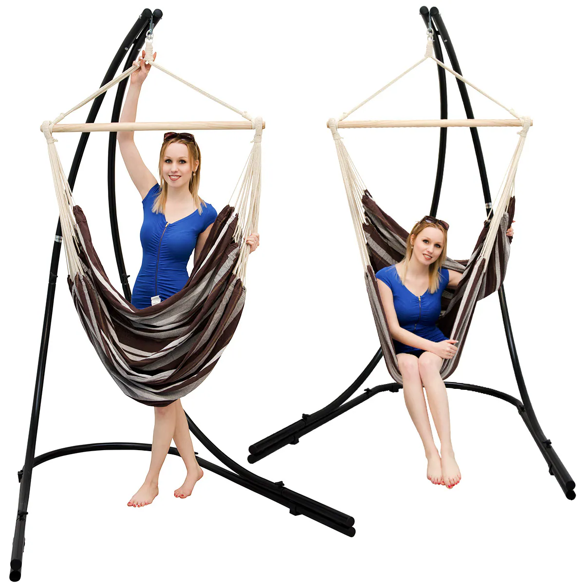 Freistehendes Stahl-Hängestuhlgestell 210cm inkl. XXL Hängesessel aus Baumwolle mit Swivel 185x130cm