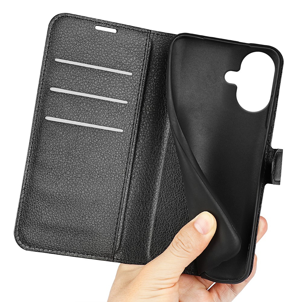 iPhone 17 Leder Tasche Flip Cover Litchi Look - Schwarz