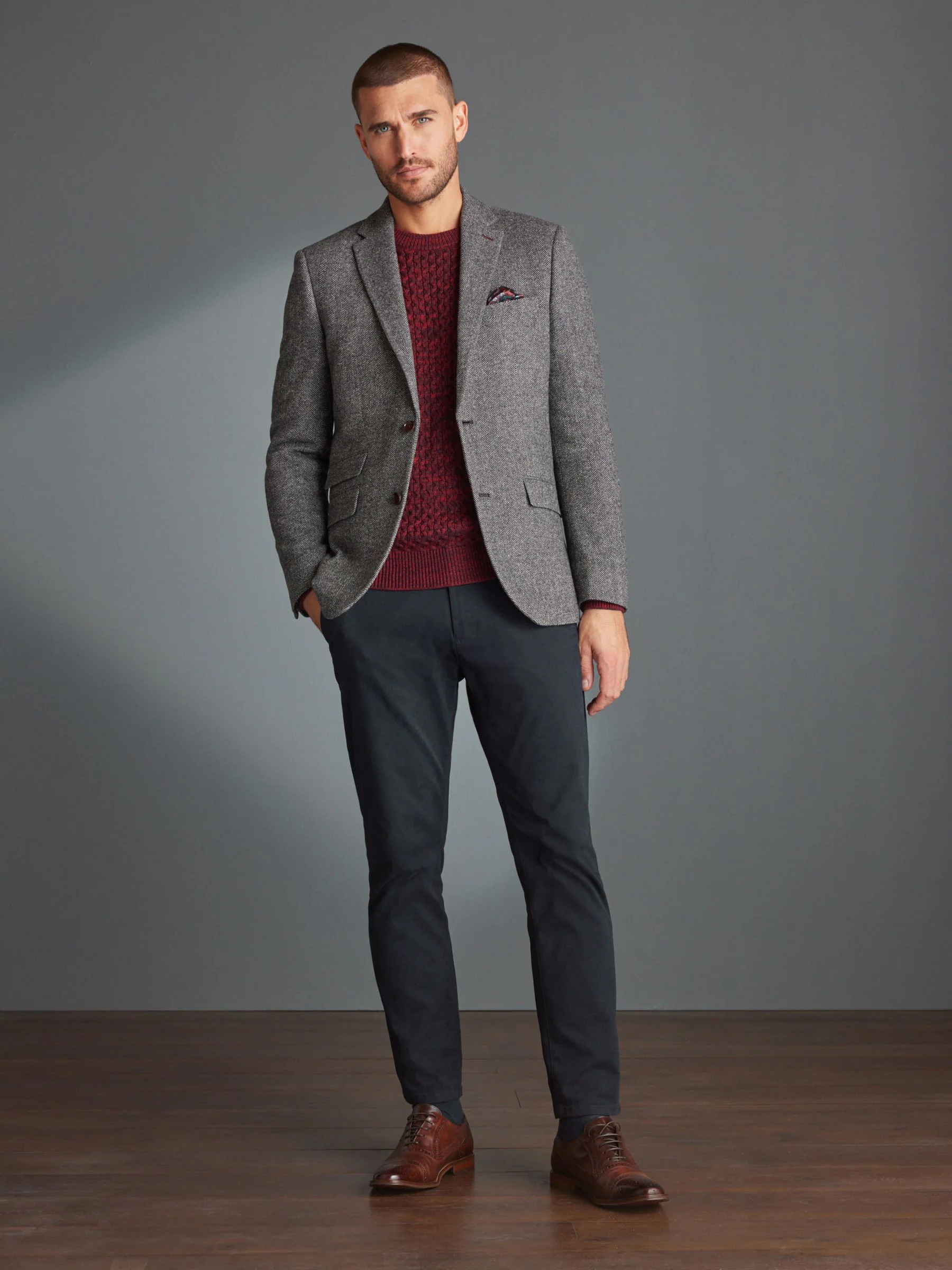 Grijs - Slim Fit - Signature Nova Fides Blazer van wolblend met visgraatmotief