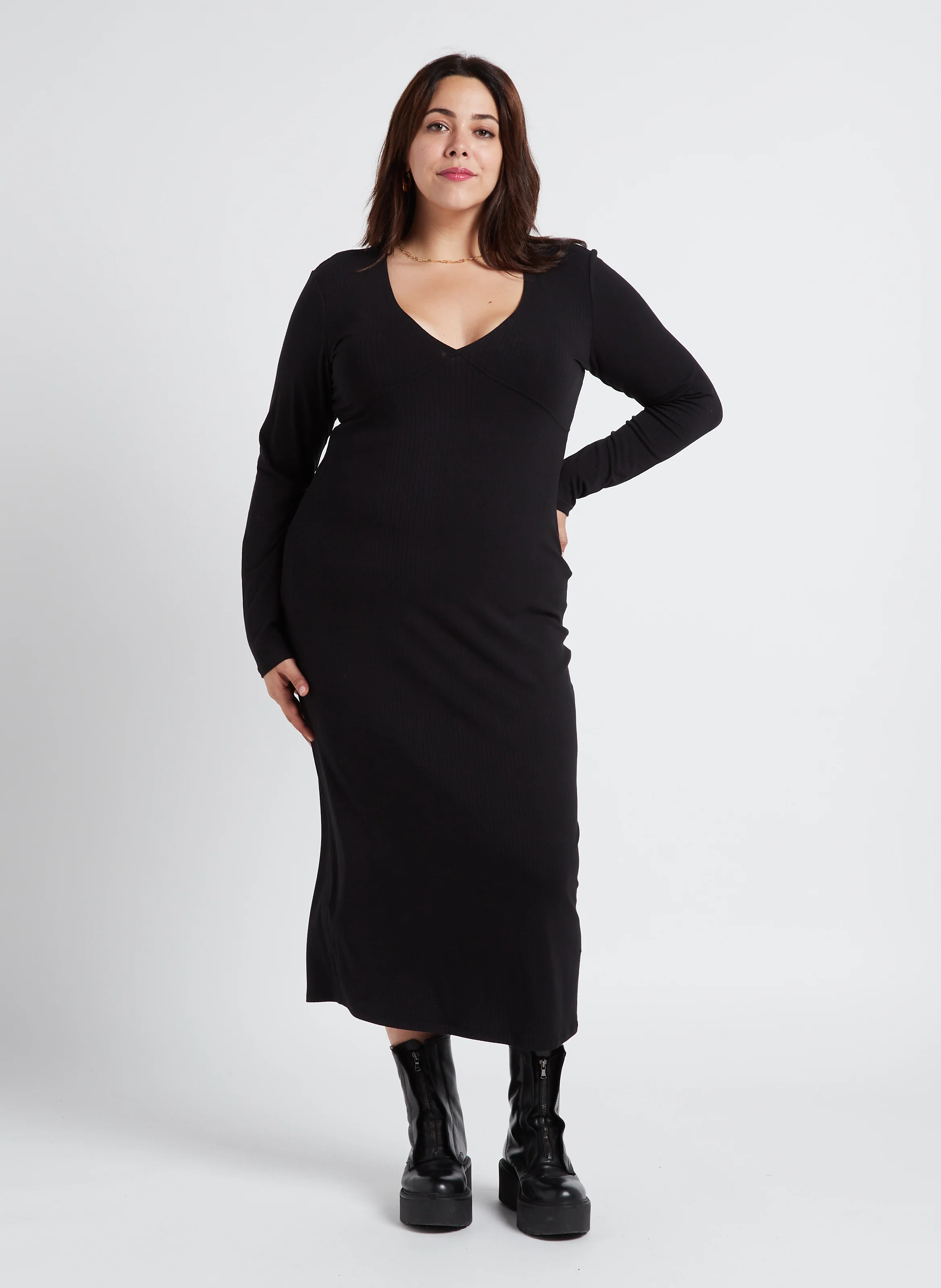 Robe longue col V| Noir