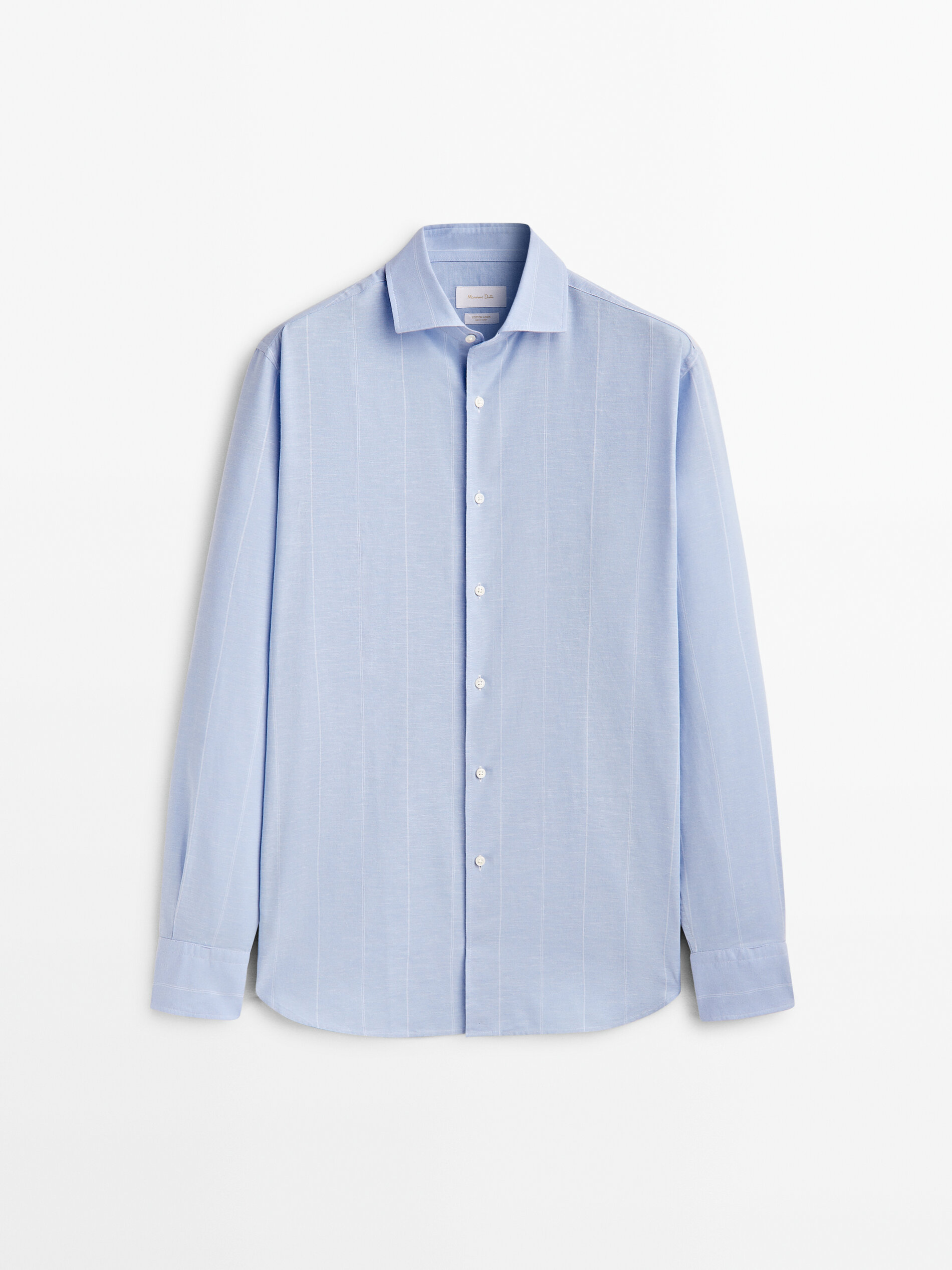 Camisa listrada de corte regular em mistura de algodão e linho - CELESTE