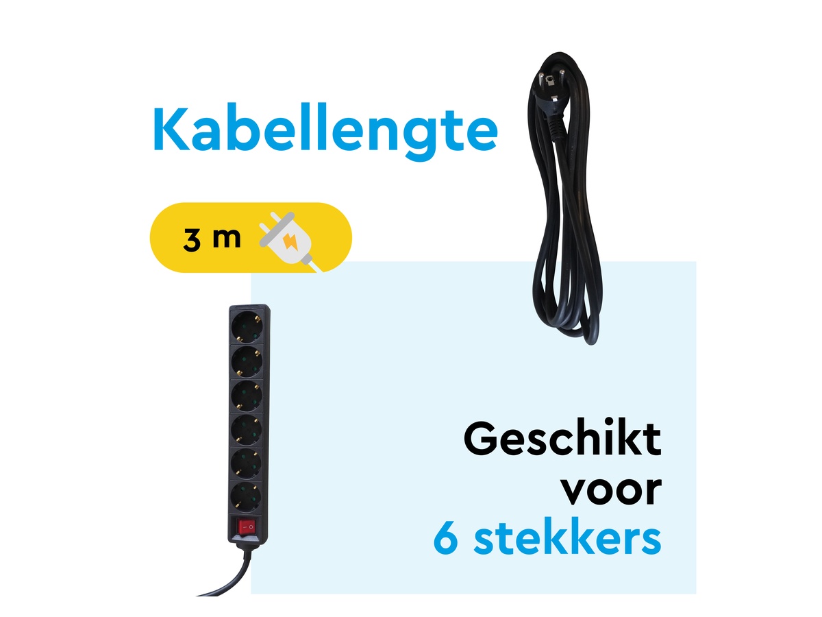 BRASQ 3 meter 6 voudige stekkerdoos met schakelaar - Black