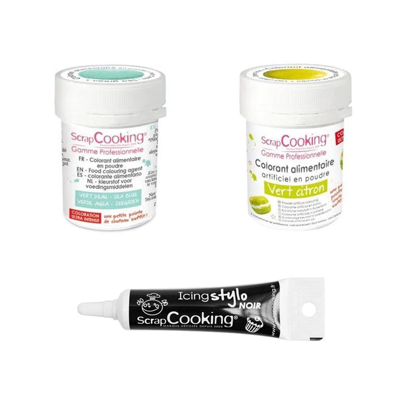2 colorants alimentaires vert citron-vert d'eau + Stylo glaçage noir S