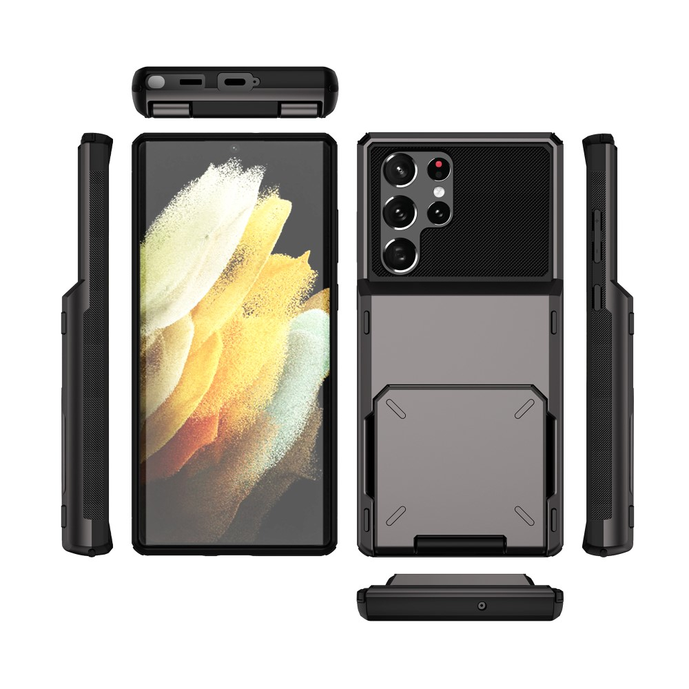 Samsung Galaxy S24 Ultra Hybrid Hardcase Hülle mit Aufschiebbarem Kartenfach - Schwarz / Grau