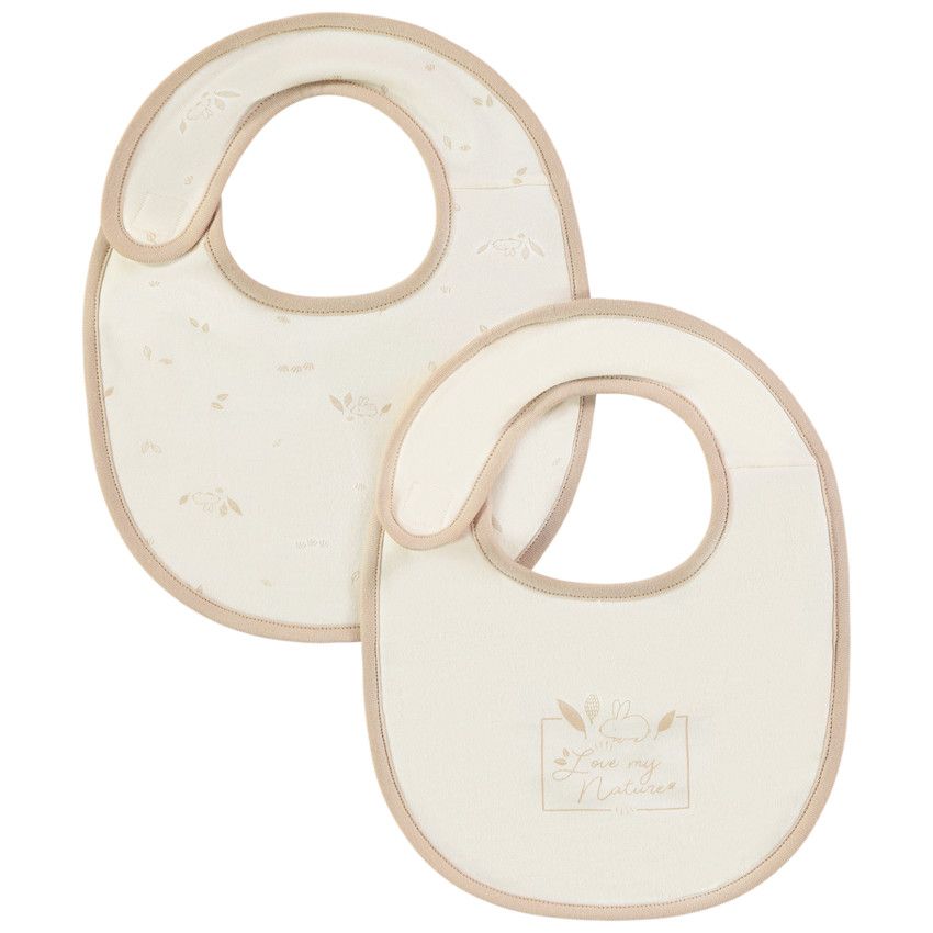 Lot de 2 bavoirs motifs lapin doublés éponge pour bébé - Ecru