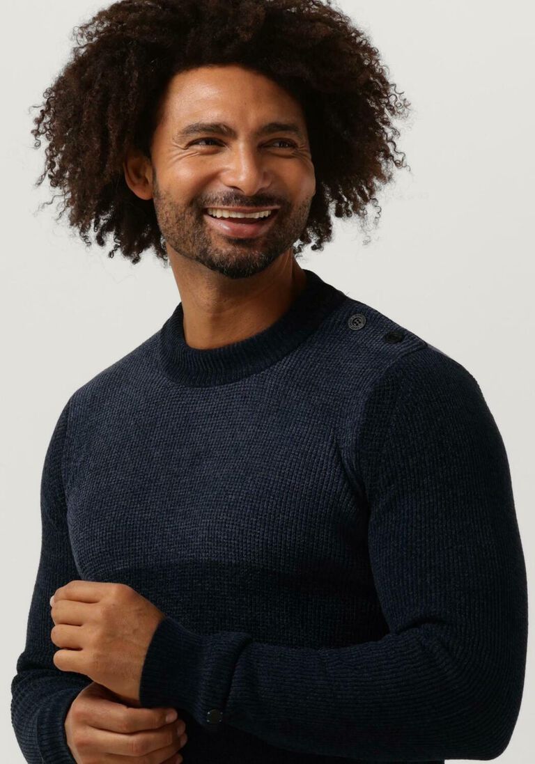 CAST IRON blauwe cast iron trui mock neck slim fit chenille colourblock