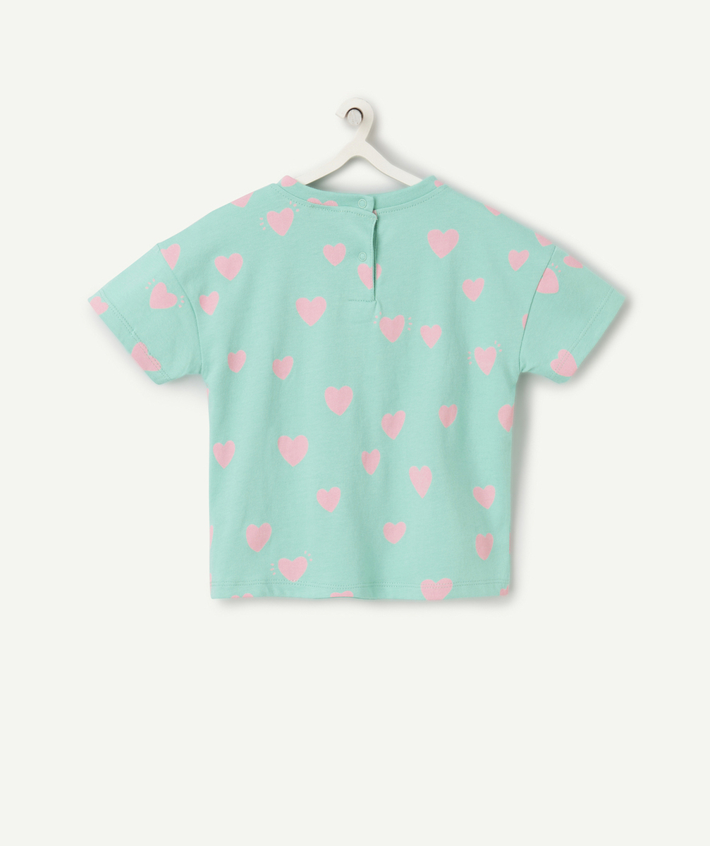 t-shirt bébé fille en coton bio vert imprimé coeurs roses