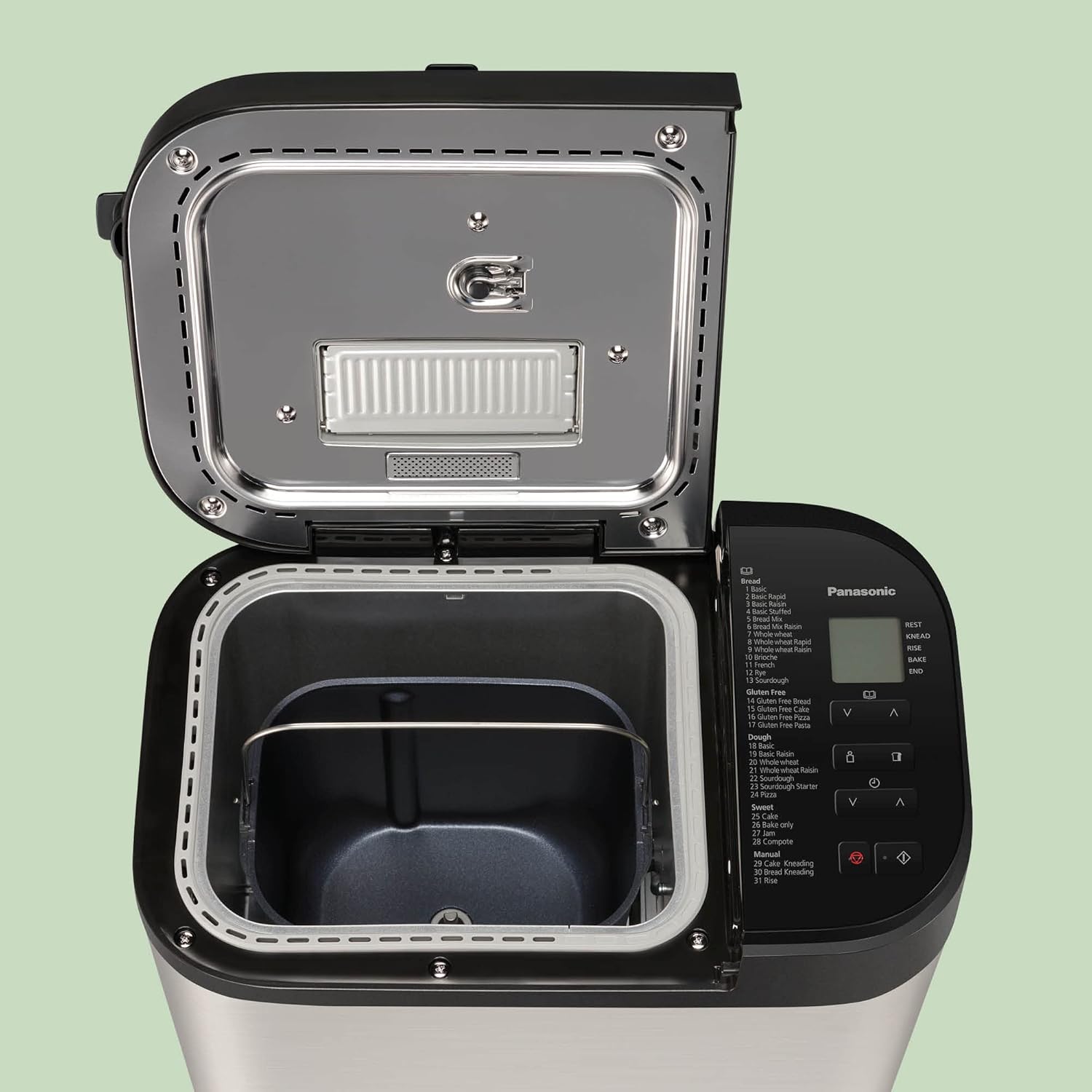 Panasonic SD-YR2550 Vollautomatischer Brotbackautomat, horizontales Design, Rosinen-Nussverteiler und Hefespender, 31 automatische Programme, zwei Temperatursensoren, 13-Stunden-Zeitvorwahl, Silber