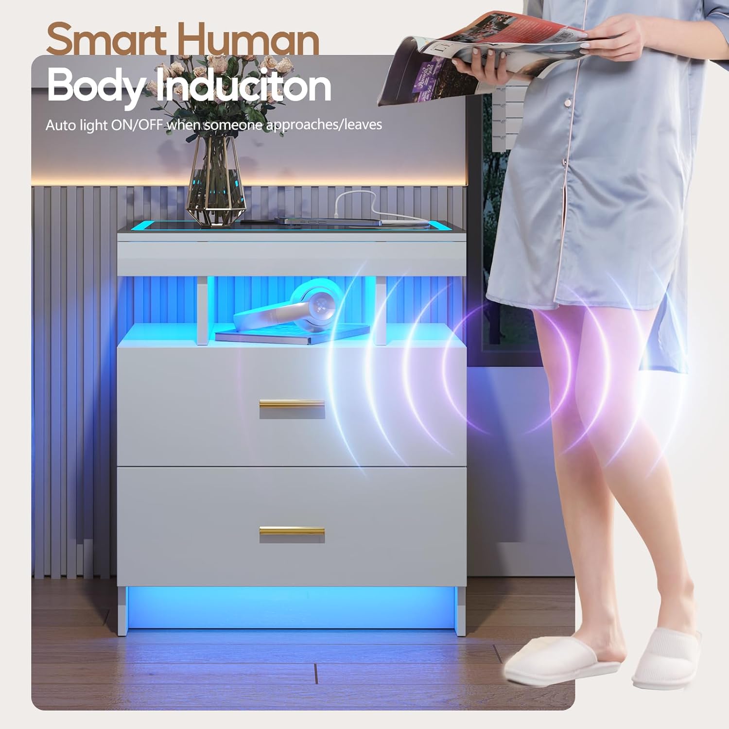 Lvifur LED Hochglanz Nachttisch mit 2 Schublade & LED-Beleuchtung,Nachtschrank mit Intelligent Ladestation,Bedside Table,Night Stand,Nachtkästchen für Schlafzimmer,Wohnzimmer