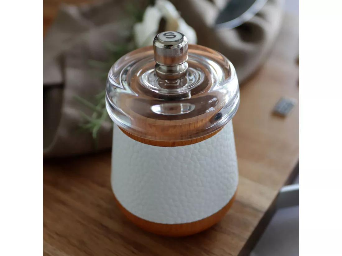 Ogo Living - Moulin A Sel 8.5cm En Bois De Hetre Effet Cuir Blanc