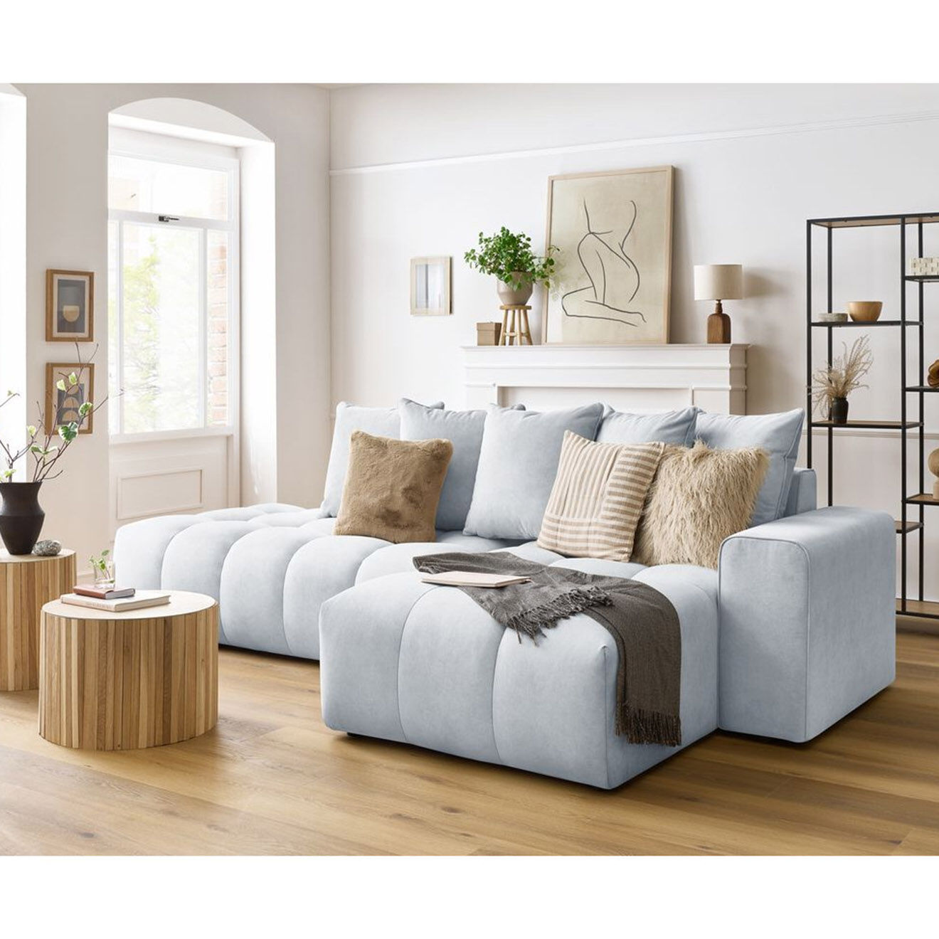 Bobochic Canapé d'angle fixe mont-blanc velours angle droit gris clair - 313x176x97 cm