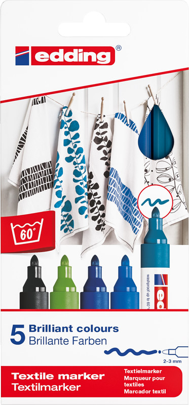 (5er Set) Textil Marker 4500 Waschmaschinenbeständiger Stift (4-4500-5099) - Schwarz / Blau / Grün