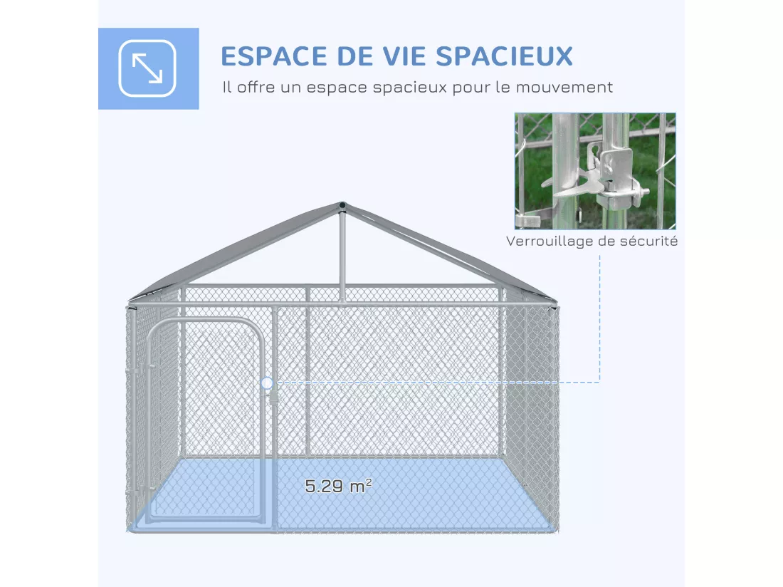Chenil extérieur avec toit pour chien 5 m² - parc grillagé 230 x 230 x 175 cm - espace couvert - acier galvanisé