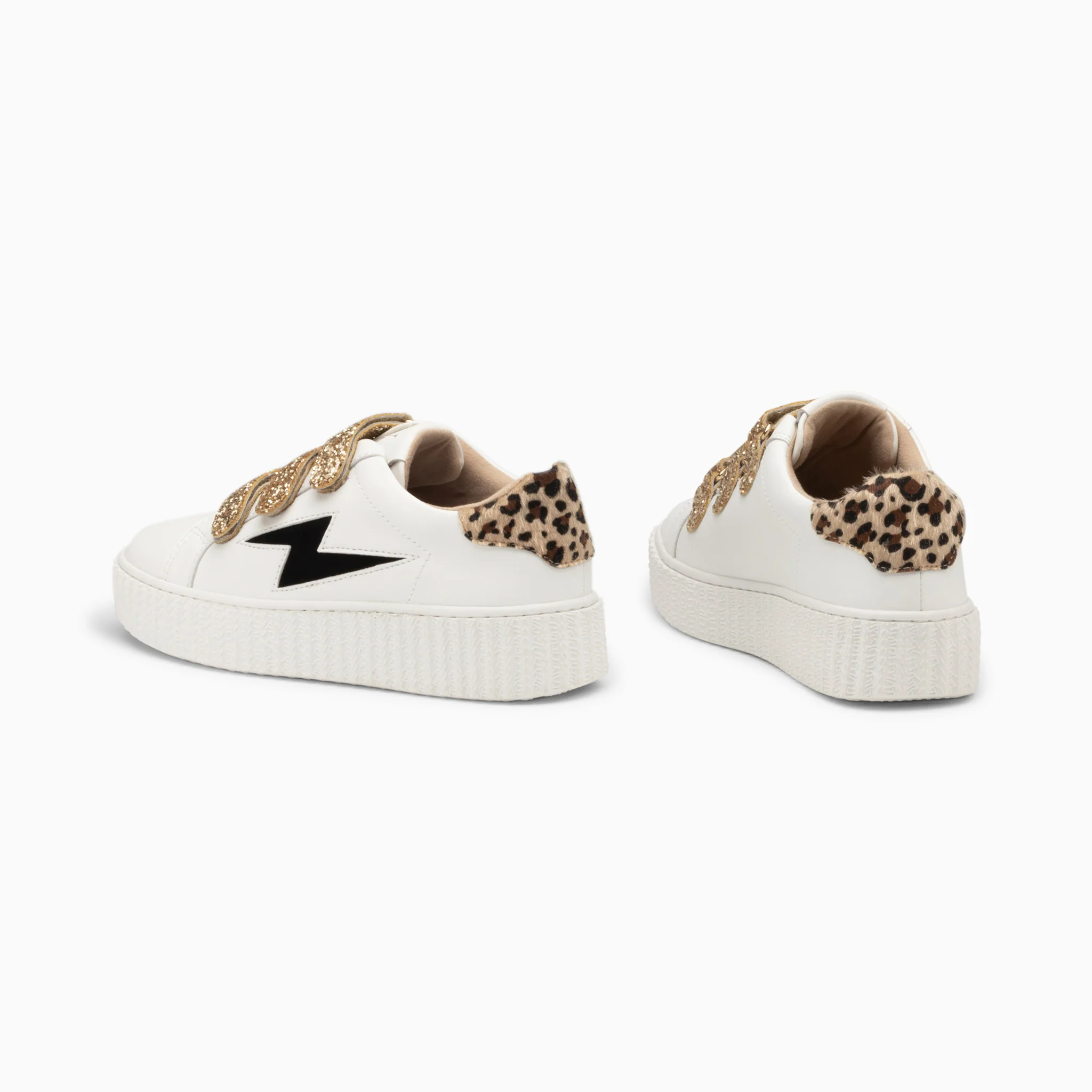 Sneakers-Baskets éclair Angela blanc et zèbre à scratchs or