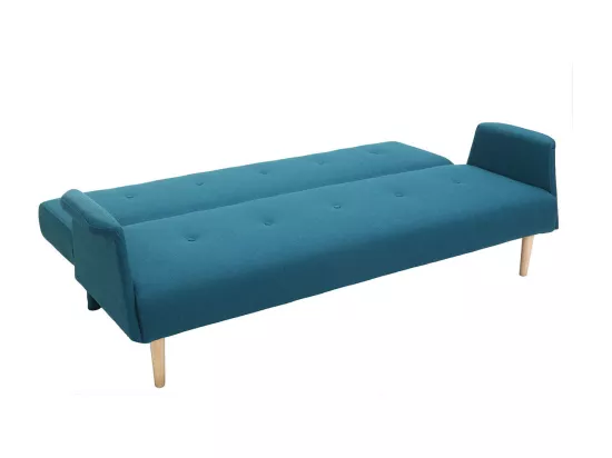Canapé convertible scandinave 3 places en tissu bleu canard et bois clair OSCAR