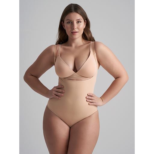 Bye Bra Soft Touch Seamless Open Bust Bodysuit, Beige, XXL