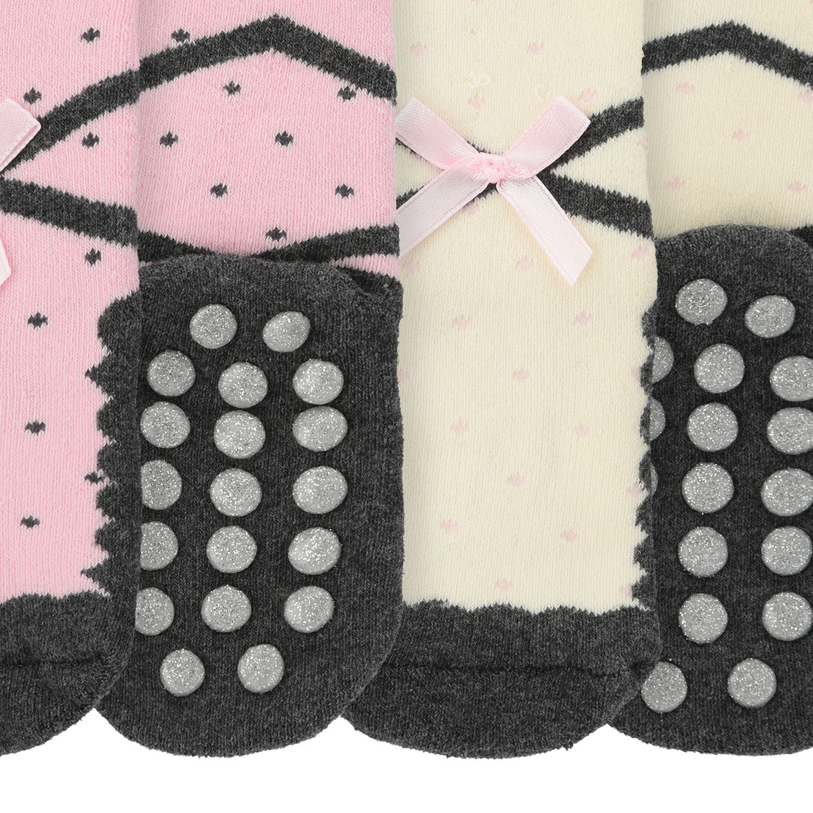 Topomini 2 Paar Baby Frottee-Socken mit Zierschleife rosa / cremeweiss / dunkelgrau