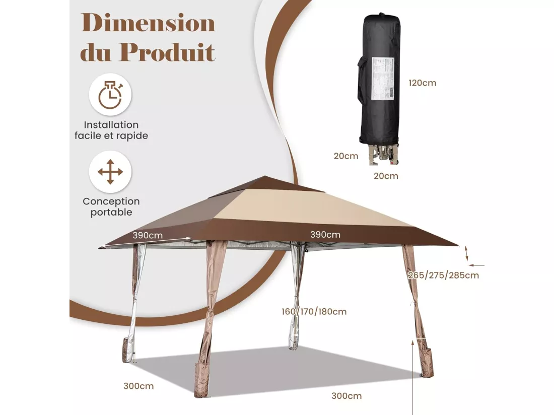 Tonnelle de Jardin Pliante 4M x 4M avec Supports en Fer et Roues/Tente de Reception Imperméable + à Hauteur 265-285CM Avant-Toits, pour 8-10 Personnes-Beige