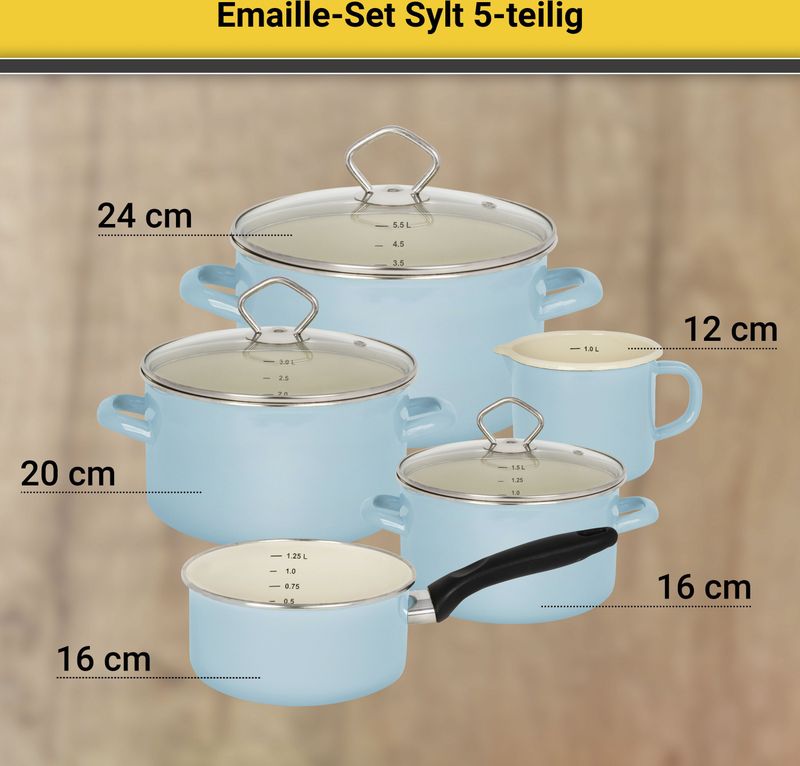 Sylt - 5-delige Emaille Set - Pastelblauw - Crème